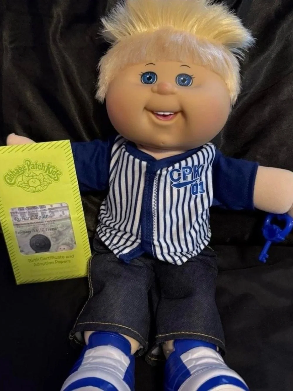 Cabbage Patch Kids Blonde Boy Doll in Blue Outfit w/ OG Birth Certificate